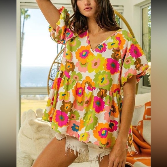 BiBi Tops - BiBi Colorful Floral V-Neck Babydoll Top